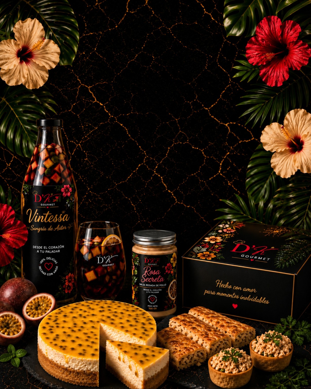 Composición de productos D’K Gourmet con mensaje principal de la marca